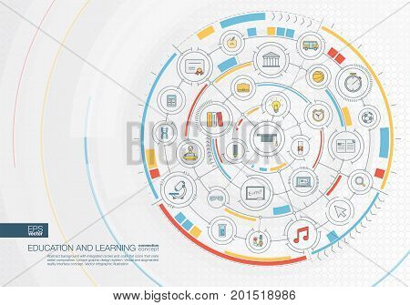 Abstract education and learning background. Digital connect system with integrated circles, color flat icons. Interface design. Elearning, graduation, school concept. Vector infographic illustration