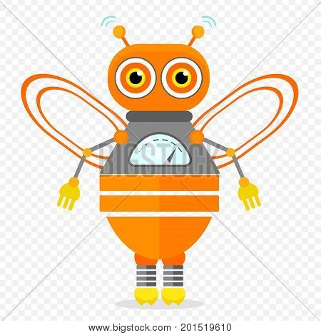 Orange Friendly Cartoon Bee Robot Character. Isolated vector robot on transparent background.