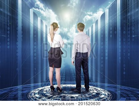 business, people and technology concept - businessman in suit over server room
