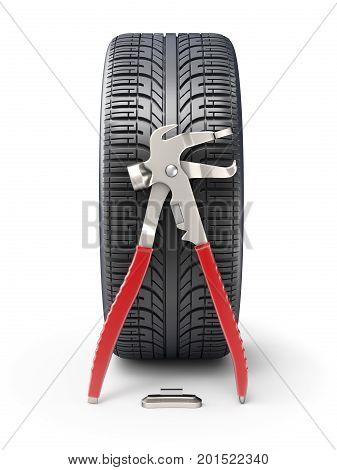 Wheel balancing weight pliers with car wheel - 3D illustration