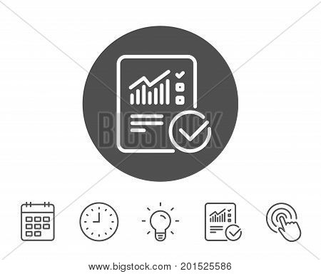 Checklist document line icon. Analysis Chart or Sales growth report sign. Statistics data symbol. Report, Clock and Calendar line signs. Light bulb and Click icons. Editable stroke. Vector