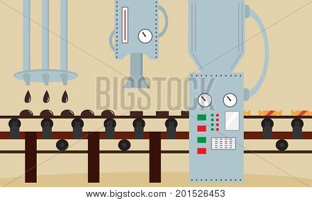 Candy factory. Machine for the production of chocolates candy. Flat style, vector illustration.
