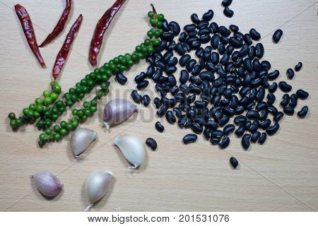Herbs and spices for cooking. Seasoning ingredients for cooking. Top view with copyspace