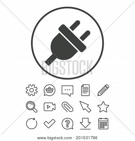 Electric plug sign icon. Power energy symbol. Document, Chat and Paper clip line signs. Question, Pencil and Calendar line icons. Star, Download and Shopping cart. Vector