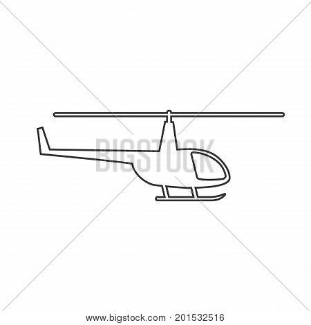 Black outline isolated helicopter on white background. Line icon of side view of helicopter
