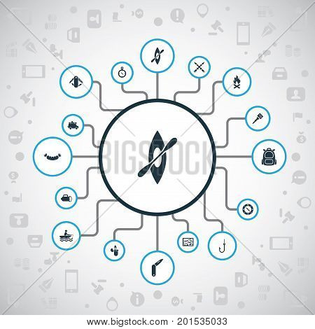 Elements Rucksack, Kayak, Chronometr And Other Synonyms Navigation, Smoking And Fishing.  Vector Illustration Set Of Simple  Icons.