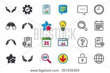 Hands icons. Insurance protection signs. Human helping donation hands. Prayer meditation hands sybmols. Chat, Report and Calendar signs. Stars, Statistics and Download icons. Question, Clock and Globe