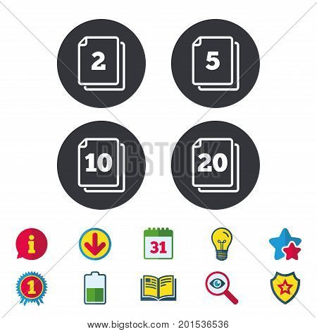 In pack sheets icons. Quantity per package symbols. 2, 5, 10 and 20 paper units in the pack signs. Calendar, Information and Download signs. Stars, Award and Book icons. Light bulb, Shield and Search