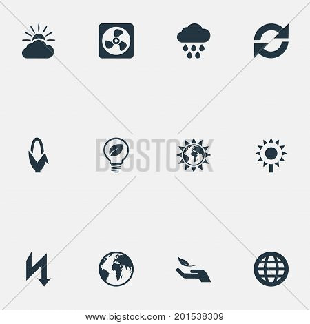 Elements Safe Lightbulb, Weather, Reuse And Other Synonyms Save, Care And Helianthus.  Vector Illustration Set Of Simple Ecology Icons.