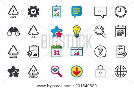 PET, Ld-pe and Hd-pe icons. High-density Polyethylene terephthalate sign. Recycling symbol. Chat, Report and Calendar signs. Stars, Statistics and Download icons. Question, Clock and Globe. Vector