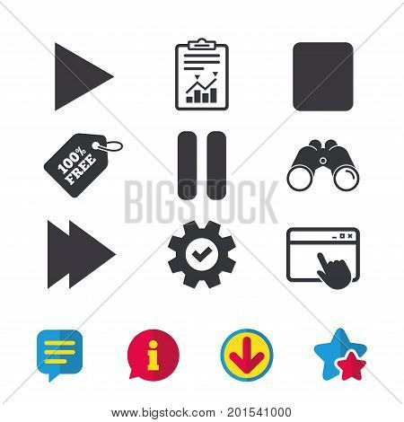 Player navigation icons. Play, stop and pause signs. Next song symbol. Browser window, Report and Service signs. Binoculars, Information and Download icons. Stars and Chat. Vector