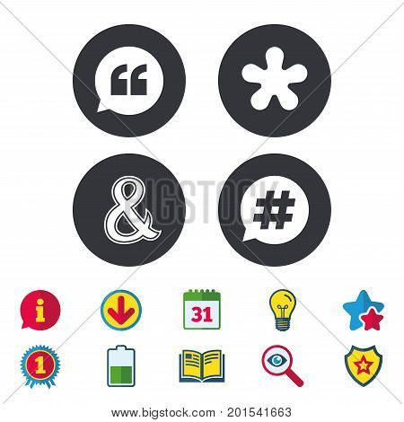 Quote, asterisk footnote icons. Hashtag social media and ampersand symbols. Programming logical operator AND sign. Speech bubble. Calendar, Information and Download signs. Stars, Award and Book icons