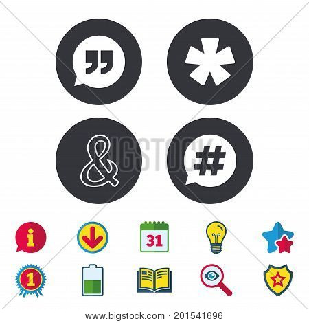 Quote, asterisk footnote icons. Hashtag social media and ampersand symbols. Programming logical operator AND sign. Speech bubble. Calendar, Information and Download signs. Stars, Award and Book icons