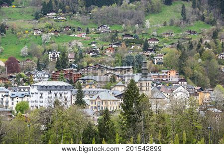 Panoramic view of Saint-Gervais-les-Bains and Alps the highest and most extensive mountain range system that lies entirely in Europe
