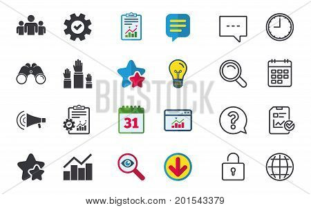 Strike group of people icon. Megaphone loudspeaker sign. Election or voting symbol. Hands raised up. Chat, Report and Calendar signs. Stars, Statistics and Download icons. Question, Clock and Globe
