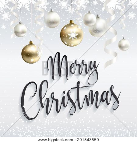 Festive Christmas banner. Merry Christmas. Christmas gold balls and white. Ribbon streamers, snow-flakes and confetti. Realistic vector. EPS10. Lettering. Calligraphic text.