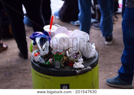 Overfull garbage can in city, Copenhagen August 26, 2017