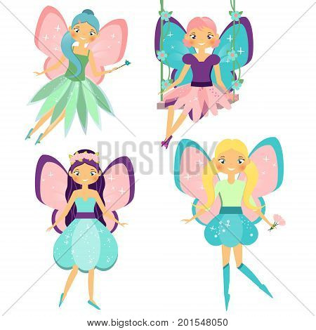 Fairy set. Beautiful girl in fying fairy costumes. Winged elf princesses in cartoon style. Vector illustration for kids and babies
