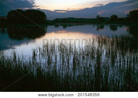 A calm pond surface with wood in nice sunrise with dawn and fog.