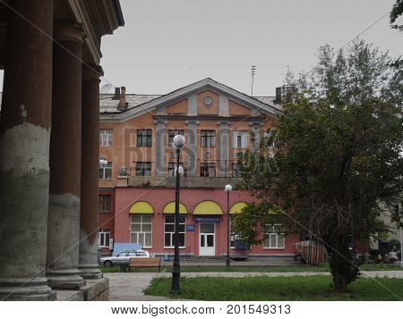 Kazakhstan, Ust-Kamenogorsk - 01, August 2017. Office of Kazpost on Gogol street. Architecture. Architectural background. Antique architecture.