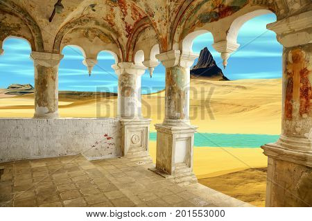 Collage. Colonnade of an Orthodox church and desert of an alien planet