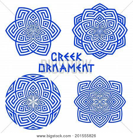 Vector set of blue design elements with Greek motifs isolated on white background. Round square hexagonal patterns folk ornament meander. For decorating tableware textiles in ethnic style.