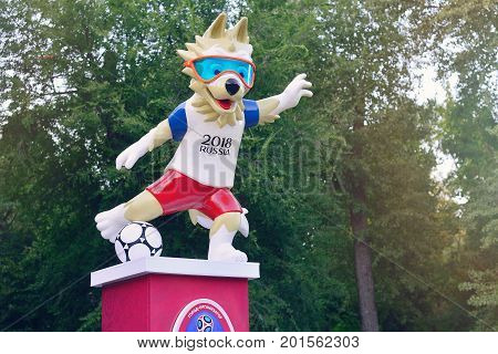 ROSTOV-ON-DON RUSSIA - AUGUST 2017 The official mascot of the 2018 FIFA World Cup and the FIFA Confederations Cup 2017 wolf Zabivaka.