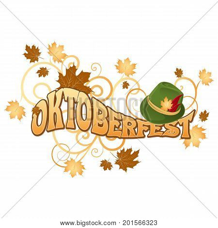 Bavaria Hat. Stock vector. Isolated white background. Elegant curls. Maple leaves. Cartoon text