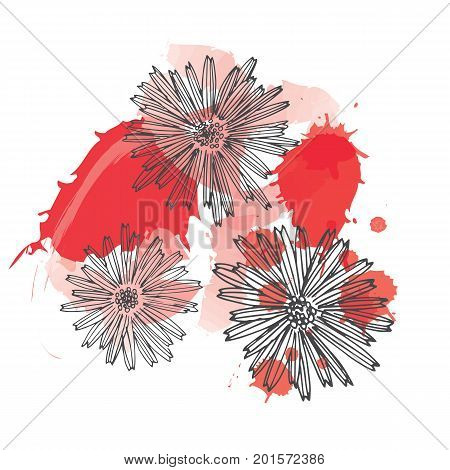 Hand drawn vector flower with watercolor splashes with freehand textures and nature floral motifs in pastel colors isolated on white background.