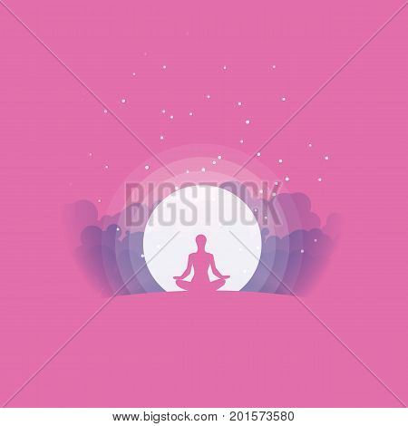 Girl Silhouette Doing Yoga Meditation at dawn. Lotus Pose. Vector Illustration