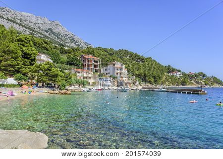 BRELA, CROATIA - 6 JULY, 2017: View Of Brela Beach Dalmatia Croatia
