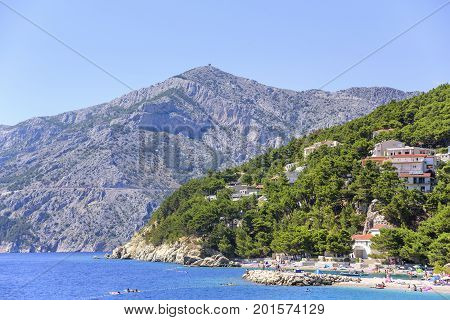 BRELA, CROATIA - 6 JULY, 2017: View Of Brela Beach Dalmatia Croatia
