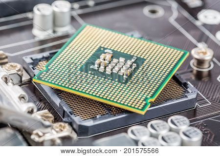 CPU Processor installation close up in the motherboard.