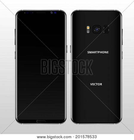 Black mobile phone concept, front view and backside with camera, flash and speaker on a white background. Smartphone with camera buttons, power and volume. Vector realistic high detailed illustration.