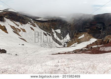 Terrain on climbing route on Mount Fuji, a symmetrical volcano and tallest peak in Japan which is one of the most popular mountains in the world to climb