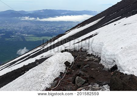 Terrain on climbing route on Mount Fuji, a symmetrical volcano and tallest peak in Japan which is one of the most popular mountains in the world to climb