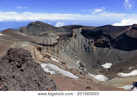 Terrain on climbing route on Mount Fuji, a symmetrical volcano and tallest peak in Japan which is one of the most popular mountains in the world to climb