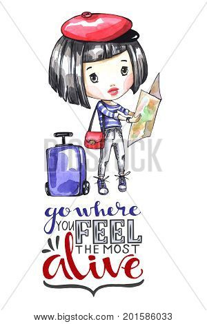 Watercolor illustration young girl with travel bag looking at map. Calligraphy words . Adventure, vacation. 