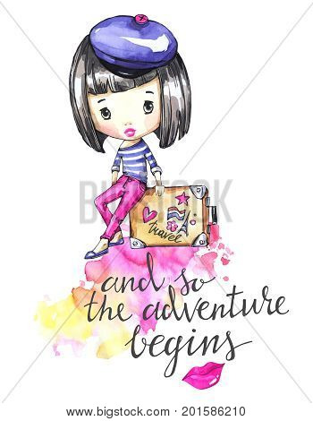 Hand drawn illustration. Watercolor card young girl with travel bag. Calligraphy words . Adventure, vacation. 