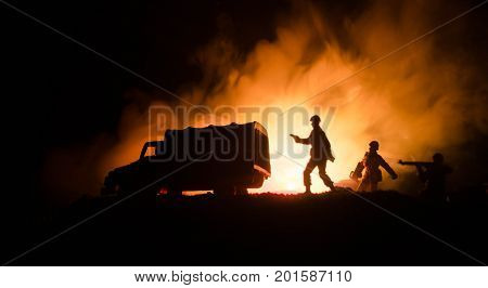 War Concept. Military Silhouettes Fighting Scene On War Fog Sky Background, World War Soldiers Silho