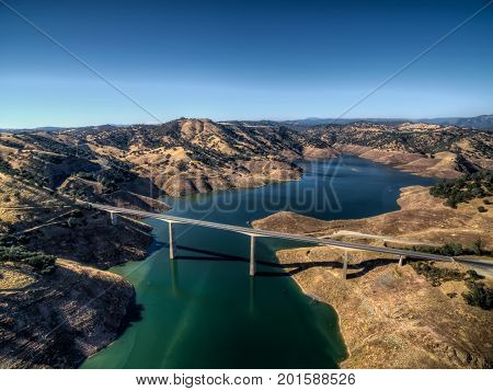 Aerial View of the James E Roberts Memorial Bridge near Yosemite National Park sammer time.