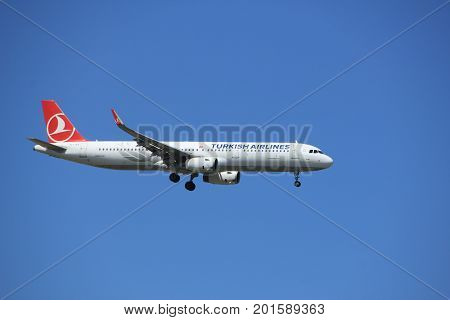 Amsterdam the Netherlands - July 9th 2017: TC-JSV Turkish Airlines Airbus A321 approaching Schiphol Amsterdam Airport Kaagbaan runway