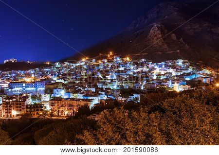 The beautiful town of Chefchaouen in the Rif Montains Morocco at night; Concept for travel in Morocco and North Africa