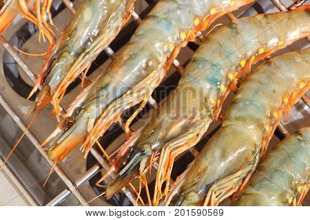 Raw fresh prawns on the rack of an electric barbecue during summer