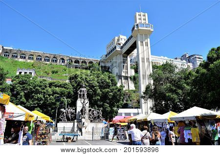 Salvador, Bahia, Brazil February 27, 2013:The Lacerda Elevator is the world's first urban elevator. It serves the public transport function between the Lower City and the Upper City.