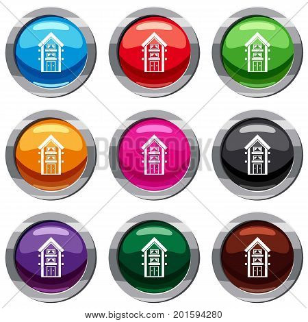 Two-storey house with balconies set icon isolated on white. 9 icon collection vector illustration