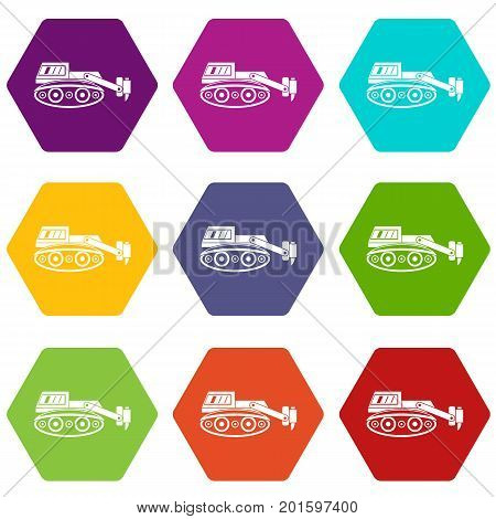Excavator with hydraulic hammer icon set many color hexahedron isolated on white vector illustration