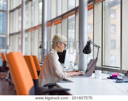 Young female Entrepreneur Freelancer Working Using A Laptop In Coworking space