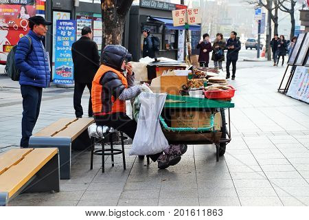 Seoul, Korea - December 13, 2016: hawker street in the city of Seoul.