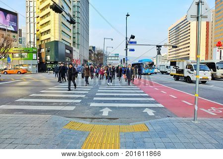 Seoul, South Korea - December 15, 2016: The route for crossing the street in downtown Seoul, there are safety regulations.